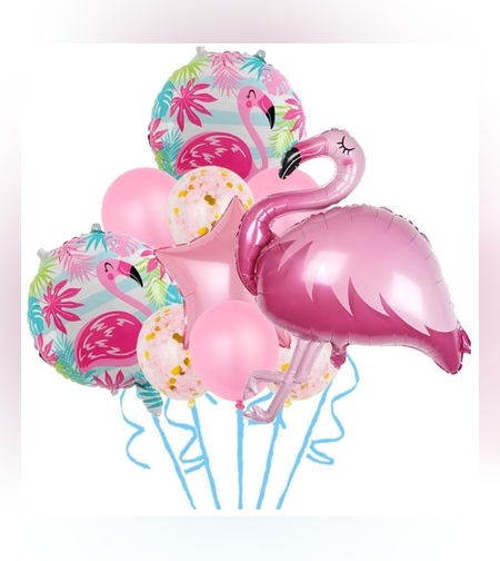 Set Baloane party aniversare, Flippy, din Folie de aluminiu si Latex, set din 10 baloane Flamigo Party, 1 stea, 5 baloane latex, 2 rotunde, 60 -90 cm, Rose