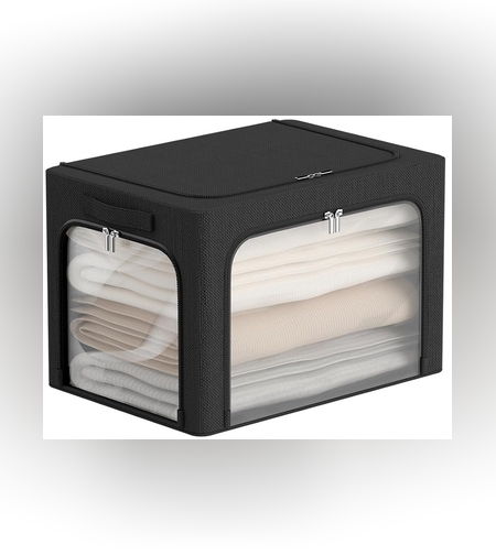 Cutie de Depozitare, Flippy, cu 3 Ferestre cu Fermoar Bidirectional, Cadru din Otel, Impermeabil, 38L, 42 x 30 x 30 cm, Negru