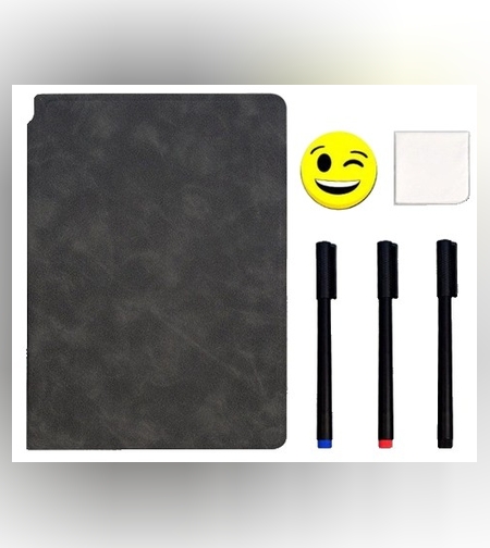 Set Agenda A5 Reutilizabila cu Pagini Tip Tabla, Agenda Pagini Albe cu Stergere Uscata, 3 Markere, 1 Burete și 1 Laveta de sters, Portabila, 24 x 16.5 cm, Coperta Piele, Negru