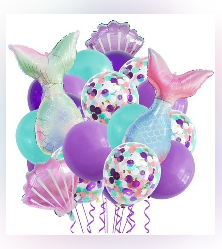Baloane decorative Aqua Sirene, Flippy, Set MIX 22 baloane, din folie de alumiu, 2 Sirene, 2 Scoici, 18 baloane din latex, 50 x 85 cm Adeziv si pai inclus, Mov Multicolor