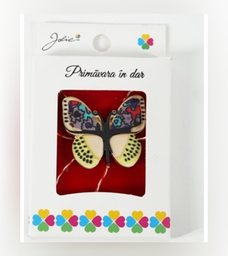 Martisor Brosa Mica in Cutie, Dimensiune Brosa 2.5-3 cm, Material Metal, Model Fluture Colorat