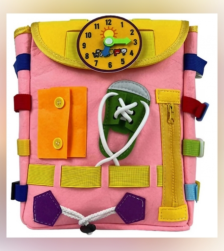 Ghiozdan Montessori, Flippy, pentru Copii 2-6 ani, Fidget Pop, cu Catarame si Fermoare, Jucarii Senzoriale, Activitate de Invatare prin Joc, Roz, 0.25 kg, 28x10x23 cm