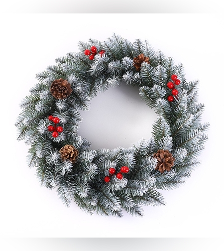 Coronita pentru Craciun Flippy, 60 cm, din brad artificial, decorata cu conuri si merisoare, Alb/Verde