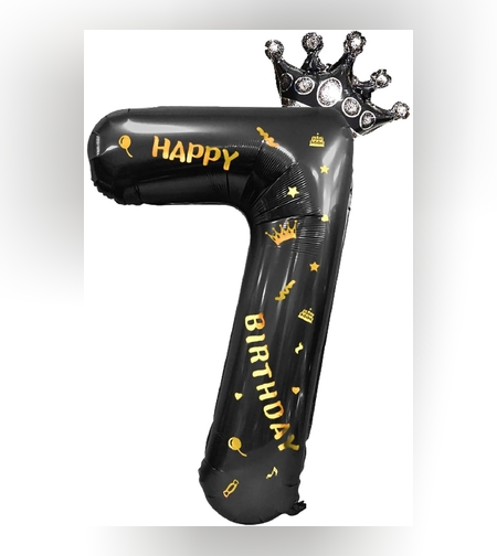 Balon din Folie Metalizata Flippy, Figurina Cifra si Coroana, Scris Happy Birthday, Tema Aniversare 100 cm, Ambalaj Individual, Pai inclus, Umflare cu Aer sau Heliu, Negru, Cifra 7