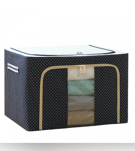 Cutie de Depozitare Pliabila, Flippy, Cu Fermoar, 66 L, Textil, 50 x 40 x 33 cm, Cadru Metalic, Suport Baza Stabil din Plastic, Imprimeu Buline, Albastru Marin