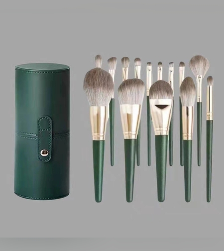 Set 14 Pensule de Machiaj cu Peri Moi, Flippy, cu Suport pentru Depozitare, Verzi