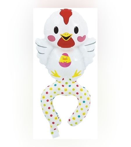 Balon din Folie Metalizata, Flippy, Figurine Animalute, Tip Bratara, Model Gaina, Ambalaj Individual, Pai Inclus, Umflare cu Aer sau Heliu, Alb