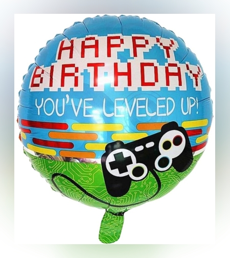 Balon din Folie Metalizata, Flippy, Mini Figurina Rotunda, Model Happy Birthday Gamer, Tema Aniversare, 45 cm, Ambalaj Individual, Pai inclus, Umflare cu Aer sau Heliu, Albastru