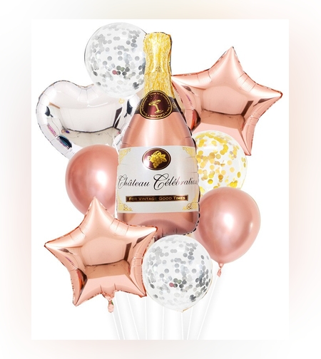 Set 9 Baloane din Folie Metalizată si din Latex, Flippy, Model Sticla de Sampanie, Baloane Party, Bat si Adeziv Incluse, Umflare cu Aer sau Heliu, Roz Alb