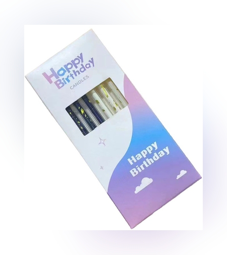 Set 6 Lumanari Lungi, Flippy, din Parafina, 10 x 0.5 cm, Happy Birthday, Alb/Negru