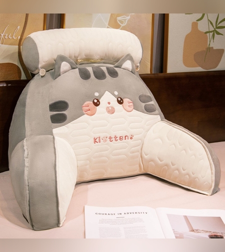 Perna Multifunctionala, Flippy, Spatar pentru Pat, Protectie Lombara, Marime Medie, 60 x 40 cm, din Latex, Model Pisicuta, Gri