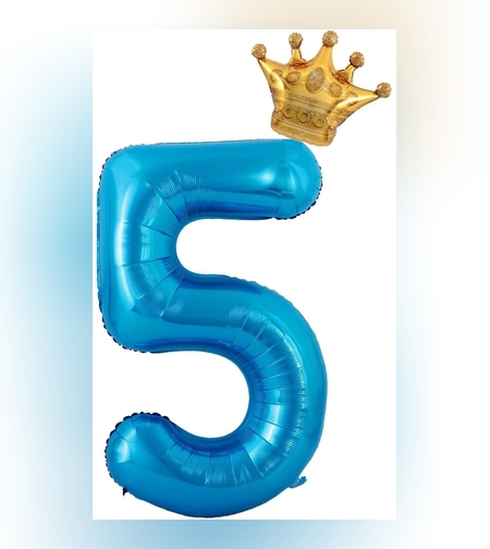 Balon din Folie Metalizata Flippy, Figurina Cifra si Coroana, Tema Aniversare 100 cm, Ambalaj Individual, Pai inclus, Umflare cu Aer sau Heliu, Albastru, Cifra 5