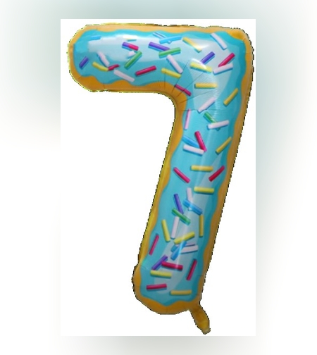 Balon din Folie Metalizata Flippy, Figurina Cifra, Imprimeu Gogosi, Tema Aniversare 100 cm, Ambalaj Individual, Pai inclus, Umflare cu Aer sau Heliu, Multicolor, Cifra 7