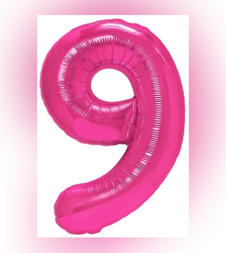 Balon din Folie Metalizata Flippy, Figurina Cifra, Tema Aniversare 80 cm, Ambalaj Individual, Pai inclus, Umflare cu Aer sau Heliu, Roz, Cifra 9