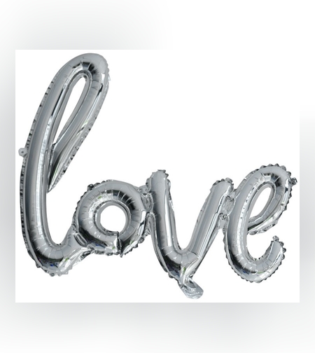 Set Baloane din Folie Metalizata, Model Love Scris de Mana, 102x65 cm, Baloane Ziua Indragostitilor, Ambalaj Individual, Pai inclus, Umflare cu Aer sau Heliu, Argintiu