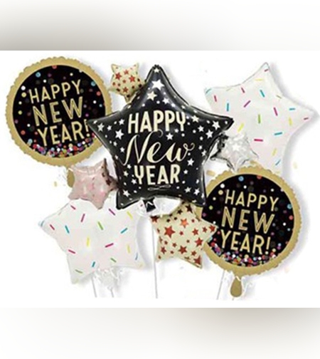 Baloane pentru aniversare, Flippy, tematica Happy New Year, set 9 baloane, 1 Stea Mare 83 x 90 cm, 6 stele, 2 rotunde, din folie de aluminiu, pai de carton inclus, Negru