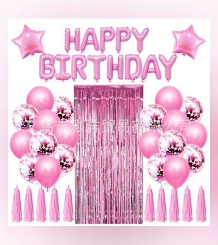 Set 47 baloane, 10 ciucuri, 2 baloane stea folie, 6 baloane latex confetti, 6 baloane galbene latex, 8 baloane negre latex, 1 Perdea Praty Folie, Litere Happy Birthday, Roz