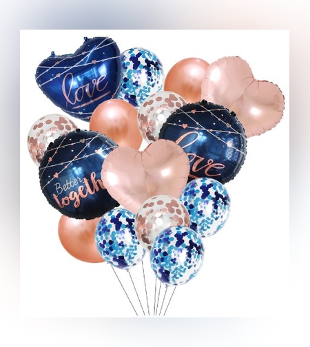 Set 15 baloane pentru Nunta, Flippy, baloane pentru decor, din folie de aluminiu,  30 x 50 cm, Rose / Albastru