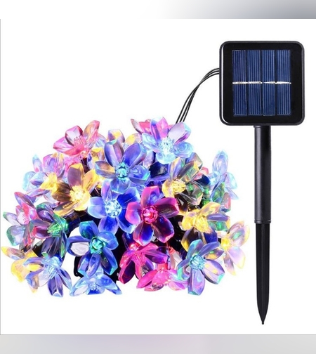Instalatie Craciun, 5 metri, 20 Becuri LED tip Flori de cires, pentru exterior cu incarcare solara, Multicolor, Flippy