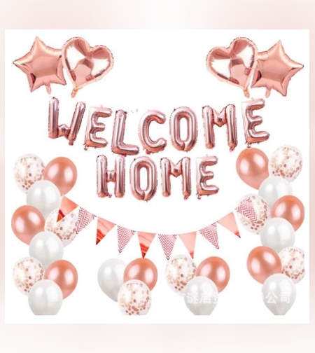 Set baloane folie si latex, Flippy, WELCOME HOME, 24 de piese, 20 baloane latex, 4 baloane stea Folie, 1 set Welcome Home, Rose gold metal