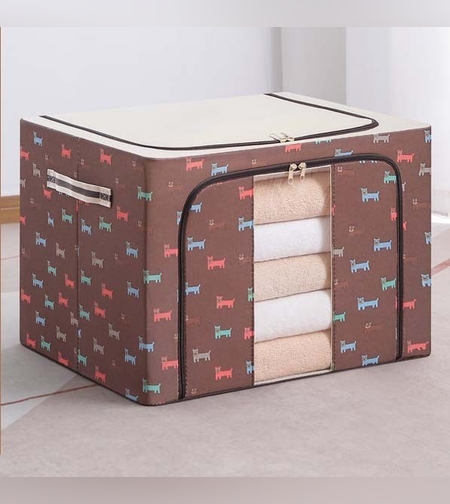 Cutie de Depozitare Pliabila, Flippy, 66 L, din Tesatura Oxford, 50x40x33 cm, Fereastra Frontala, 2 Usi de Acces cu Fermoar Bidirectional, Cadru Metalic, Suport Baza Stabil din Plastic, Imprimeu Catelusi, Maro