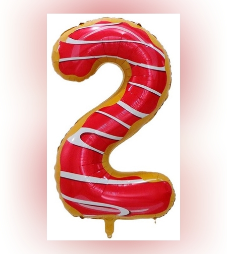 Balon din Folie Metalizata Flippy, Figurina Cifra, Imprimeu Gogosi, Tema Aniversare 100 cm, Ambalaj Individual, Pai inclus, Umflare cu Aer sau Heliu, Multicolor, Cifra 2