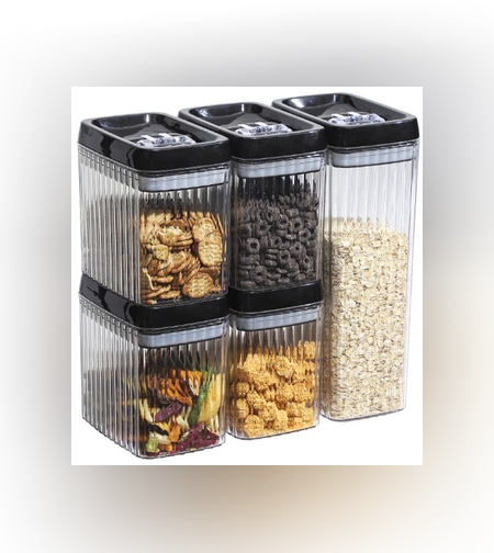 Set 5 Recipiente din Plastic, Flippy, pentru Alimente/Obiecte, Inchidere Ermetica, Textura Ondulata, 4 x 1.5l, 1 x 3.3 l, Transparent