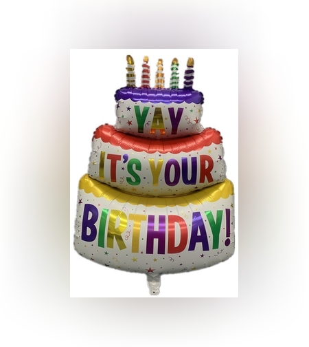 Balon din Folie Metalizata, Flippy, Model Tort cu 3 Straturi, Balon Aniversar, Model Birthday Cake, 102x62 cm, Ambalaj Individual, Pai inclus, Umflare cu Aer sau Heliu, Multicolor