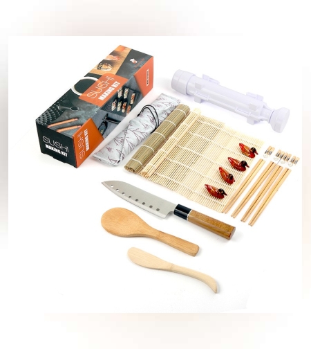 Set Ustensile pentru Sushi, Flippy, Set din 15 Accesorii pentru Sushi, Set pentru Sushi HOME MADE, Cutit Inclus, Forme, Betisoare, Multicolor