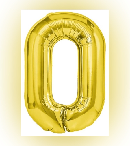 Balon din Folie Metalizata Flippy, Figurina Cifra, Tema Aniversare 40 cm, Ambalaj Individual, Pai inclus, Umflare cu Aer sau Heliu, Auriu, Cifra 0
