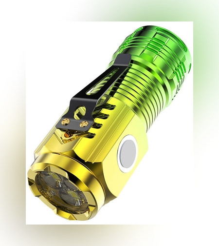 Lanterna cu 3 Nuclee Led, Flippy, Incarcare USB, Autonomie 4-20h, Raza Maxima 100-200 m, 5W, 4 x 4 x 9 cm, Suport de Agatat, Fund Magnetic, Galben/Verde