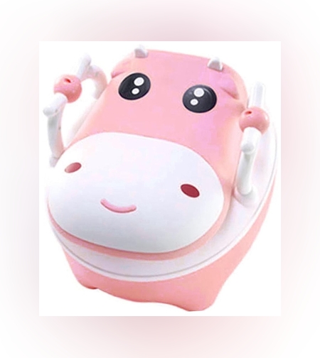 Olita pentru Copii, Flippy, +1an, Portabila, Design Vacuta cu Capac, Model Prietenos, Non-Toxic, cu Manere, Compartiment Detasabil, Perie Inclusa, Usor de Curatat, Roz