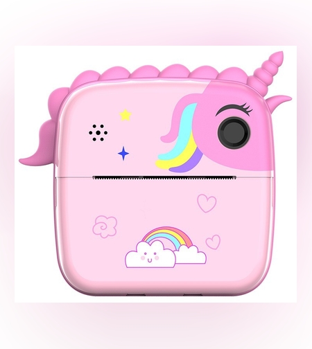 Camera Instantanee pentru Copii, Flippy, Camera Frontala + Selfie, cu Functie de Printare, Cablu USB-C, Bluetooth, Compatibil iOS/Android, Model Unicorn, Snur Inclus, Roz