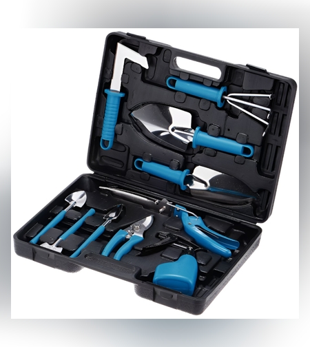 Set 10 Unelte de Gradina, Flippy, pentru Plantare Prelucrare Sol si Ingrijire Plante, Manere Albastre, Material PVC si Otel Inoxidabil, Cutie Inclusa, 37x28x7 cm, Negru