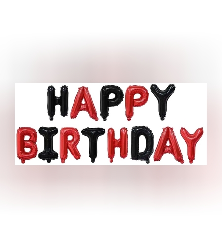 Set Baloane din Folie Metalizata, Flippy, Model Happy Birthday, Litere de 40 cm, Baloane Party, Ambalaj Individual, Pai, Ata si Adeziv Incluse, Umflare cu Aer sau Heliu, Rosu-Negru