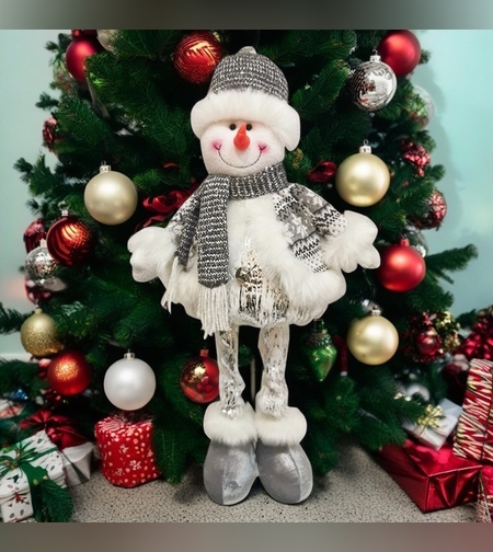 Figurina Decorativa, Pentru Craciun, Flippy, Om de Zapada, Picioare Telescopice, Inaltime Reglabila 33- 70 cm, Pantaloni Luciosi, Alb/Argintiu