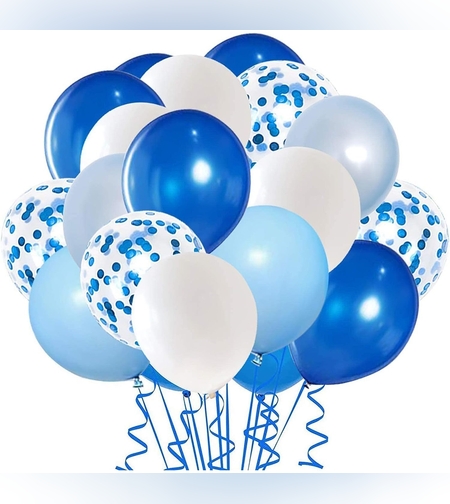 Set 16 Baloane din Latex Metalizate, Flippy, Model Party, 30 cm, Alb, Albastru, Albastru Chrome, Transparent Confetti 2.8 g