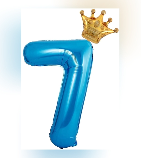 Balon din Folie Metalizata Flippy, Figurina Cifra si Coroana, Tema Aniversare 100 cm, Ambalaj Individual, Pai inclus, Umflare cu Aer sau Heliu, Albastru, Cifra 7