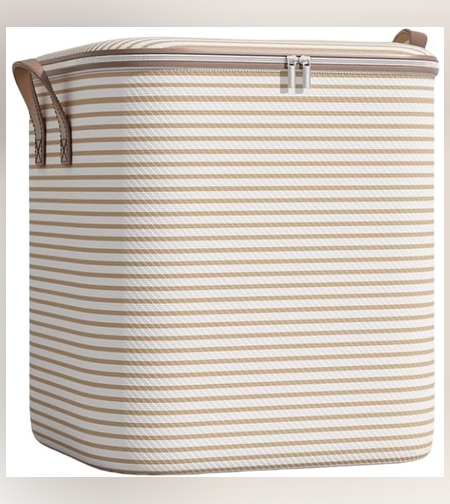 Cutie de Depozitare cu Fermoar, Flippy, Pliabila, Maner Ranforsat, Fermoar Rezistent, pentru Haine, Paturi, Plapume, Perne, Lenjerii de Pat, Jucarii, 56x45x56 cm, 150 Litri, in Dungi, Bej