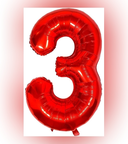 Balon din Folie Metalizata Flippy, Figurina Cifra, Tema Aniversare 80 cm, Ambalaj Individual, Pai inclus, Umflare cu Aer sau Heliu, Rosu, Cifra 3