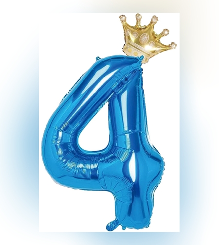 Balon din Folie Metalizata Flippy, Figurina Cifra si Coroana, Tema Aniversare 100 cm, Ambalaj Individual, Pai inclus, Umflare cu Aer sau Heliu, Albastru, Cifra 4