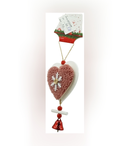 Ornament de brad broderie cu inima, Flippy, roz, lemn, 18 cm