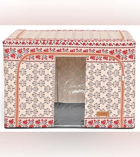 Cutie de Depozitare Pliabila, Flippy, 66 L din Bumbac si In, 52 x 42 x 39 cm, Fereastra Frontala, 2 Usi de Acces cu Fermoar Bidirectional, Cadru Metalic, Suport Baza Stabil din Plastic, Motiv Traditional Model 6