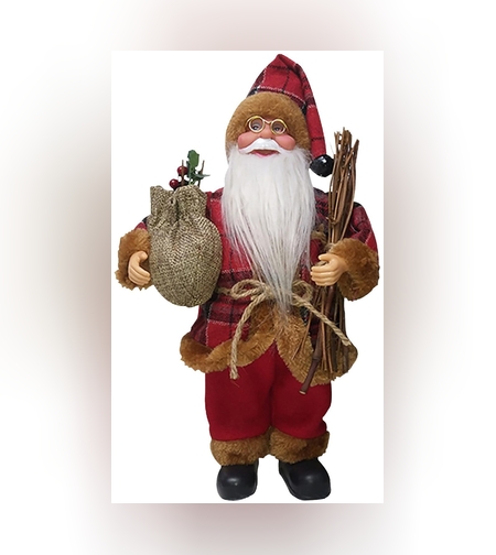 Figurina Decorativa Craciun, Flippy, Mos Craciun Asezat cu Surcele la Brat, 35 x 18 x 20 cm, Material Plastic+Textil, Interior/Exterior, Rosu/Maro