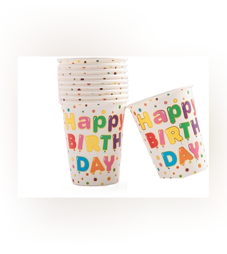 Set 10 Pahare, Flippy, Imprimeu Happy Birthday, din Carton, 250 ml, 7.5 x 8.5 cm, Multicolor