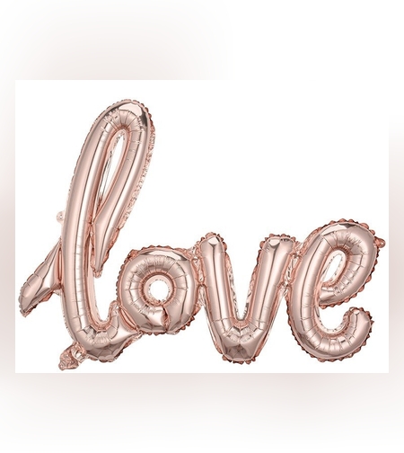 Balon din Folie Metalizata, Flippy, Model Love scris de mana, 102x65 cm, Tematica Ziua Îndrăgostiților, Ambalaj Individual, Pai Inclus, Umflare cu Aer sau Heliu, Rose Gold