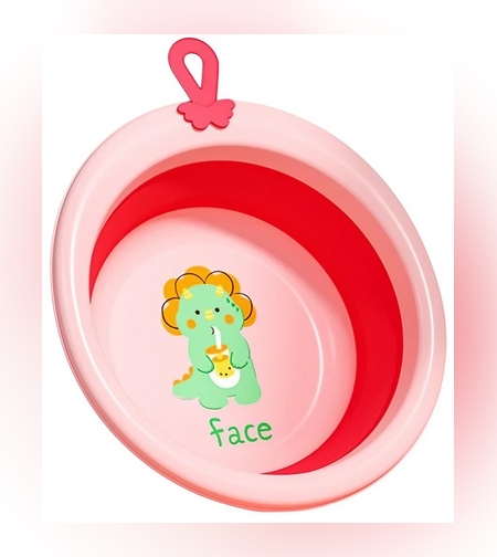 Cada Pliabila pentru Baie pentru Copii, Flippy, Cadita pentru Bebelusi, Model Rotund cu Dinozaur, Roz, 30x30x3.7 cm, 4L