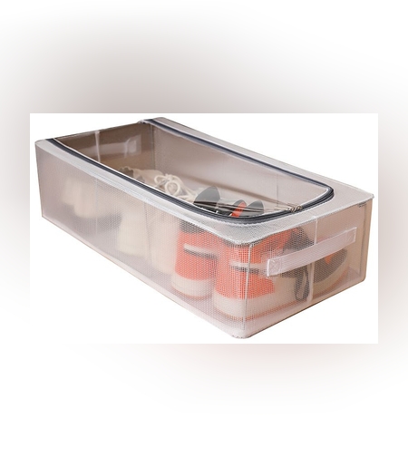 Cutie de Depozitare, Flippy, pentru Pantofi Haine, din Plasa PVC Impermeabila si Cadru de Otel, Pliabila, Fermoar Bidirectional, 60 x 30 x 15 cm, Transparenta