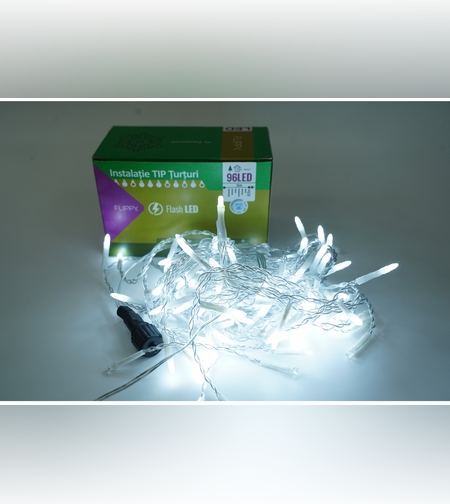 Instalatie de Craciun Flippy® Tip Turturi, Franjuri cu Flash, Sectiune 3 m, 96 LED-uri, Interconectabila, Fir Transparent, Alb Rece