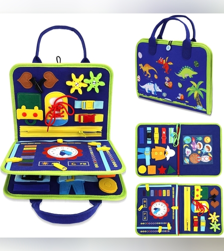 Carte Senzoriala Educativa Montessori, Flippy, Dezvoltare Abilitati Motorii, 3 Pagini, Model Alfabet, 28x25x4 cm, Albastru